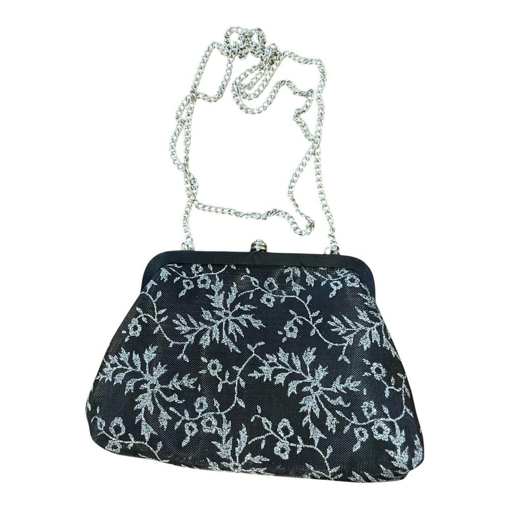 Sasha Clutch Purse Chain Strap Black Silver Floral Glitter Black Tie Bag E4-1694